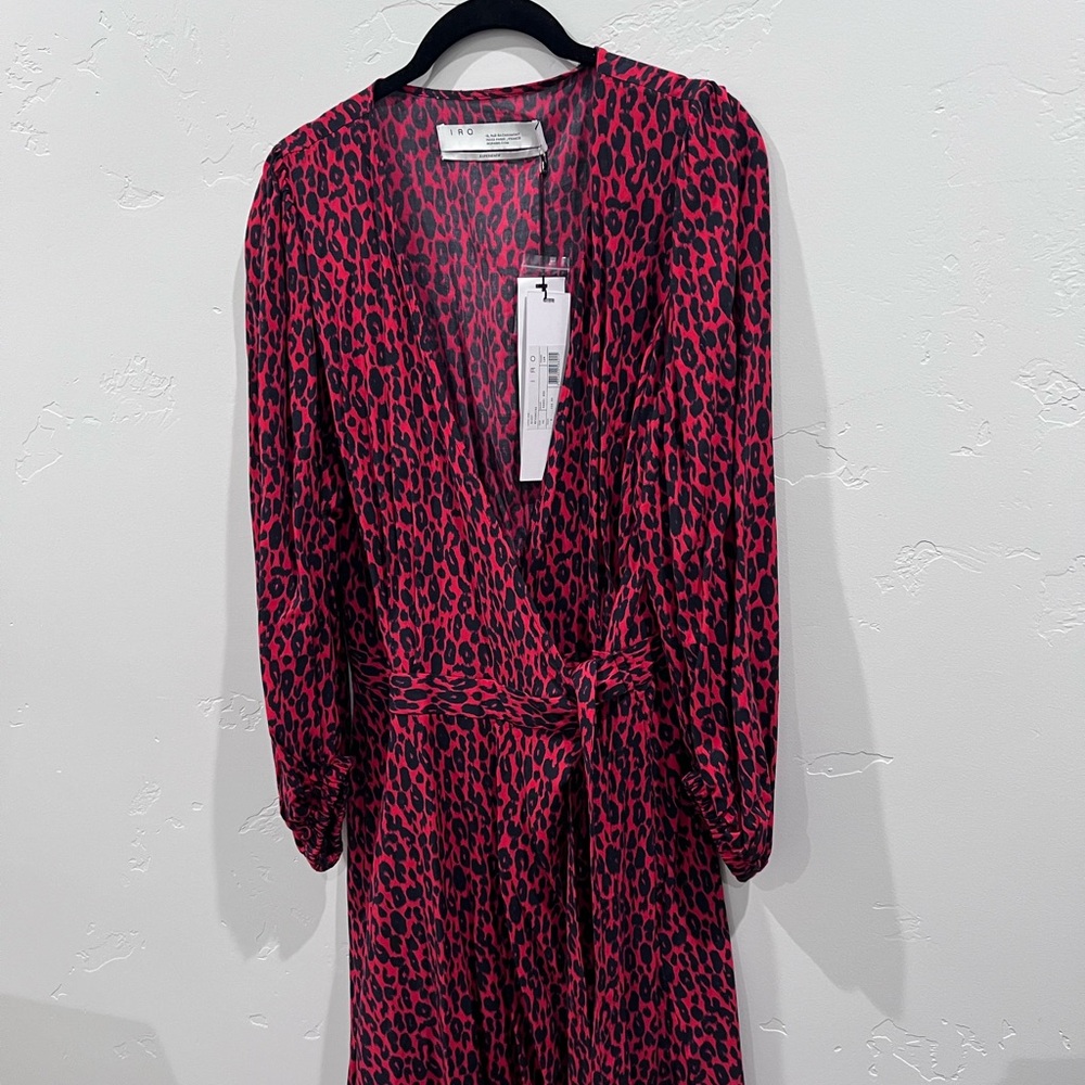 IRO Boina Leopard Print Long Sleeve Wrap Dress- Size 44/12. NWT
